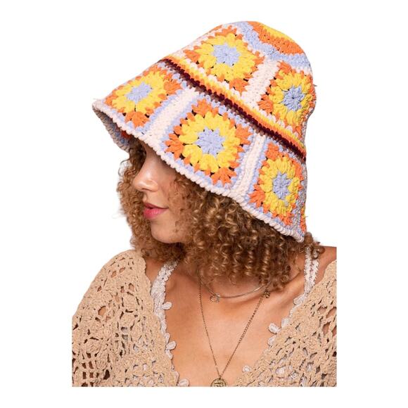 POL Crochet Granny Square Chenille Polyester Bucket Hat One Size NWOT - Picture 14 of 16